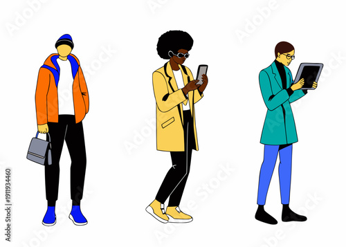 Three diverse people using digital devices while walking