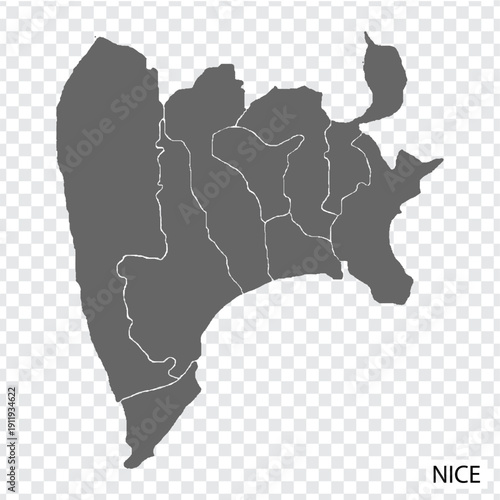 High Quality map of  Nice is a city of France, with borders of the districts. Map of Nice for your web site design, app, UI. Provence-Alpes-Cote d'Azur. EPS10.