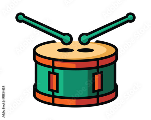 A colorful cartoon drum with two green drumsticks on a white background