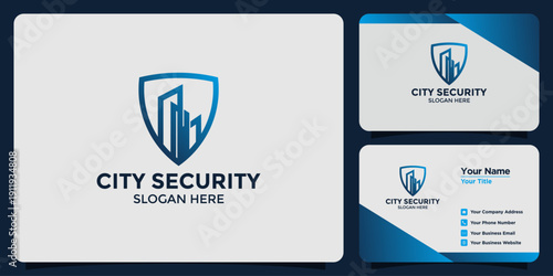 Modern City Security Logo with Shield and Skyscraper Icons and Business Card Template
