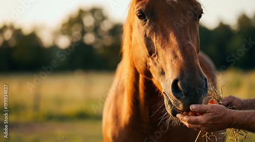 Cinematic close-up A gentle brown horse eats fresh carrots from human hands, bathed in the warm, golden glow of a tranquil sunset, showing a peaceful human-animal bond