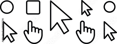 Minimalist UI Cursor Icon Set with Outline Mouse Arrows Hand Pointers and Geometric Shapes Isolated