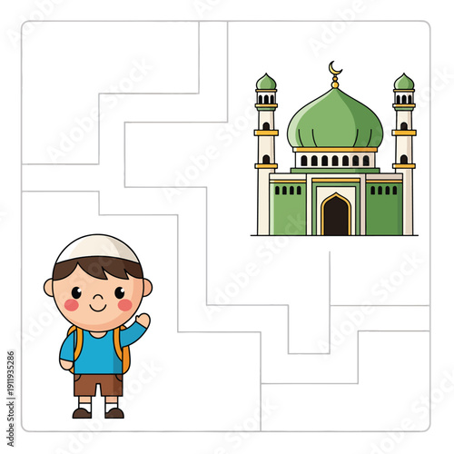 Educational maze game for children featuring cute muslim boy finding way to green mosque building with dome and minarets on white background vector