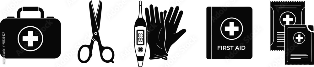 Obraz premium Vector set of first aid kit icons featuring medical bag, scissors, thermometer, surgical gloves, manual, and antiseptic wipes, isolated on white background,