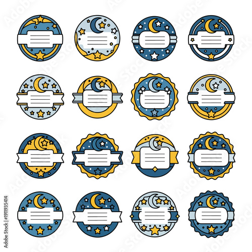 Collection of circular ramadan labels with crescent moon stars and blank space for text in various blue and yellow vintage badge designs set vector