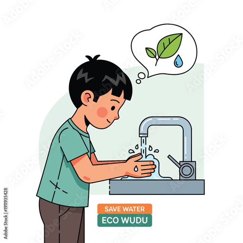 A young boy carefully washes his hands under a faucet, with a thought bubble about saving water, promoting eco-friendly wudu practices