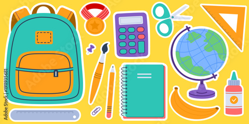 Back to school vector stickers set. Colorful school supplies collection in flat cartoon style. Isolated on yellow background.