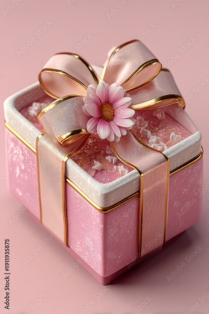 Obraz premium Pink Gift Box With Ribbon and Flower Decoration, Elegant Present for Celebration