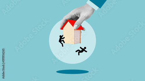 Tablou pe pânză Bankruptcy and Home Eviction Concept with Financially Struggling People Losing H