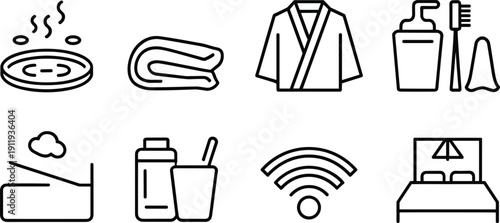 Travel and Hospitality Service Icon Set with Hotel Amenities Bed Wi-Fi Bathrobe and Personal Care Outlines