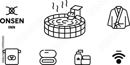 Onsen Inn Amenities Icon Set with Japanese Hot Spring Bath Yukata Robe and Traditional Hospitality Outlines