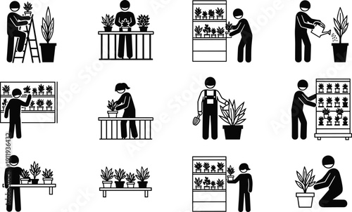 Vector set of stick figure icons showing people gardening, watering plants, working in a flower shop nursery, isolated on a white background,