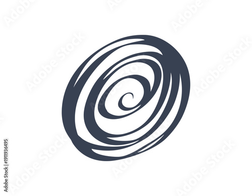 Abstract dark grey spiral design with concentric elliptical lines on a white background, creating a sense of depth and motion.