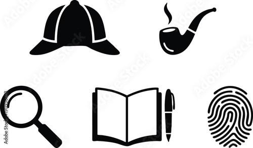 Firefighter Hat Pipe Magnifying Glass Book Pen Fingerprint Icons.