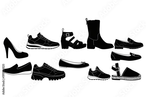 set of black shoes vector icon set