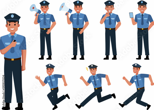 Diverse group of cartoon police officers in various poses and actions