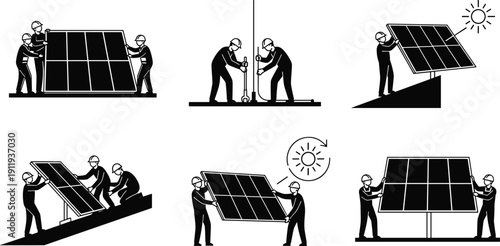 Set of professional technician silhouettes installing solar panels on rooftops and ground mounts for renewable energy, sustainable power systems, and green engineering construction projects.