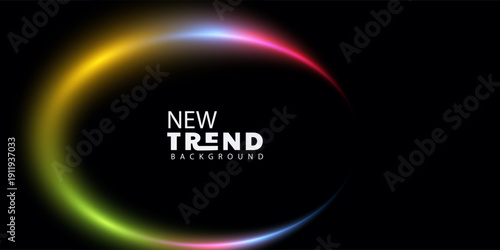 Multicolored glowing circle on dark background with new trend text