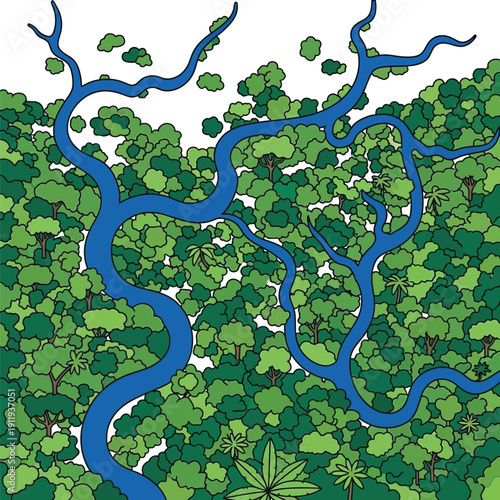 Aerial view of a winding river flowing through a lush green rainforest with dense trees and vegetation