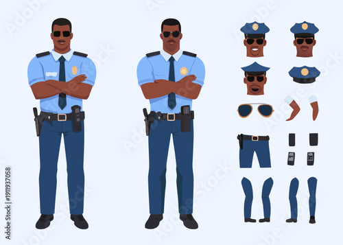 Police officer character design sheet with modular components displayed
