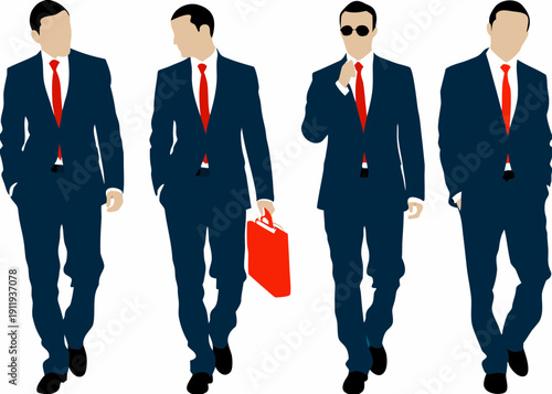 Silhouettes of four businessmen walking one carrying a red briefcase