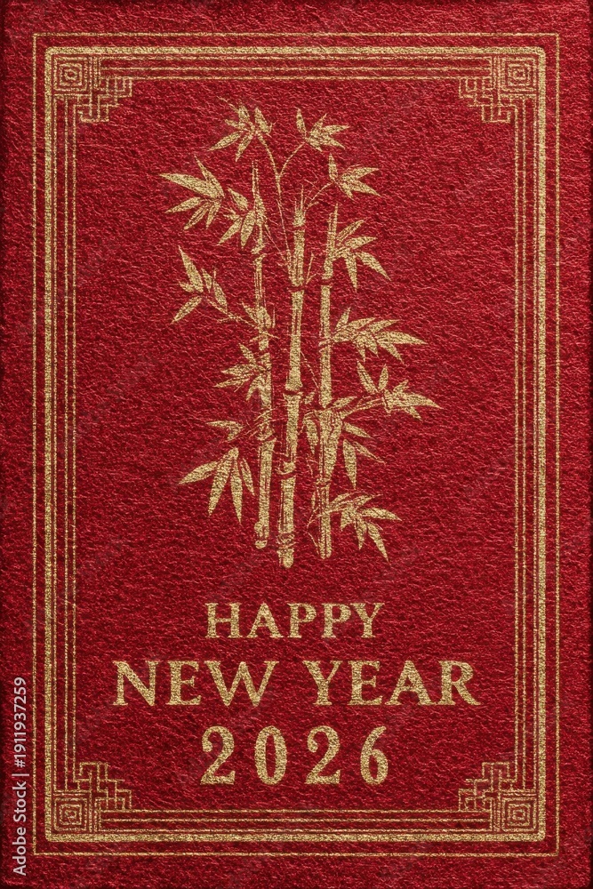Fototapeta premium Happy New Year 2026 red card with gold bamboo design for festive greeting and celebration