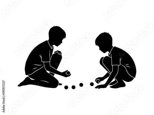 Vector silhouette illustration of two young boys crouching on the ground playing Kancha, a traditional Indian marble game.