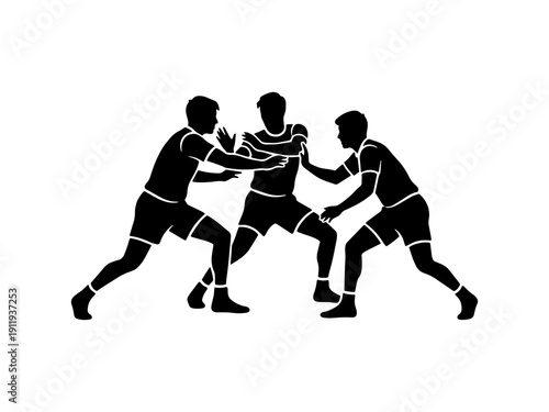A professional black and white silhouette illustration of three male athletes playing the traditional Indian contact sport of Kabaddi.