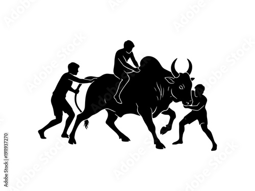 A black silhouette vector illustration of the traditional Indian bull taming sport, Jallikattu, featuring men attempting to grab the hump of a powerful bull.