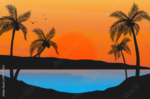 Tropical sunset with sea, landscape silhouette and palm trees