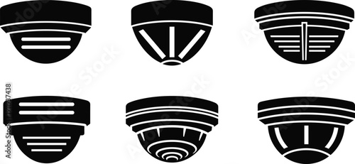 Set of smoke detector and fire alarm sensor icons in flat black style for home security systems, industrial safety equipment, and emergency prevention concepts.