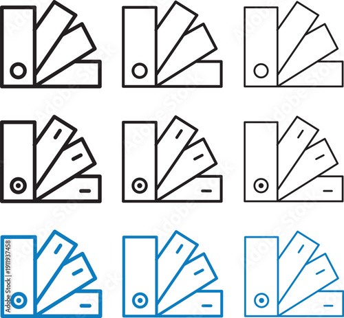 PriSwatchbook icon set, color palette guide symbols.Colorful swatchbook graphic icons, designer palette library shapes, minimalist printing and publishing design elements.
nt