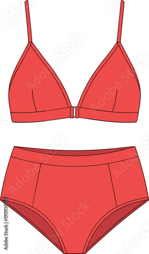 Vector technical fashion illustration of a red coral bikini set, front closure triangle bralette with high waisted bikini bottom, isolated on white background