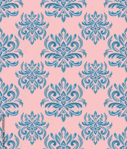 Seamless damask pattern with blue flower, vintage and luxury, vector illustration elegant for textile, wall paper, bedding, rug, curtains, cushion cover, upholstery fabric, fashion, decoration, scarf