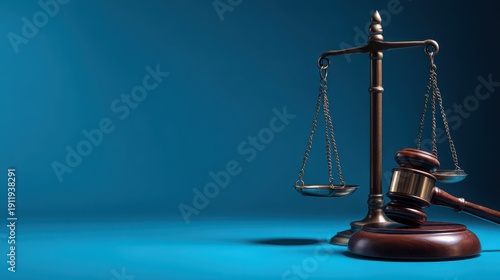 Elegant bronze scale of justice and wooden gavel on polished table against a bright blue background, symbolizing law, fairness, and legal proceedings
