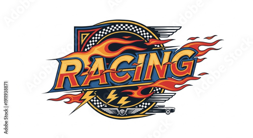 Racing Logo with Flames and Checkered Flag.