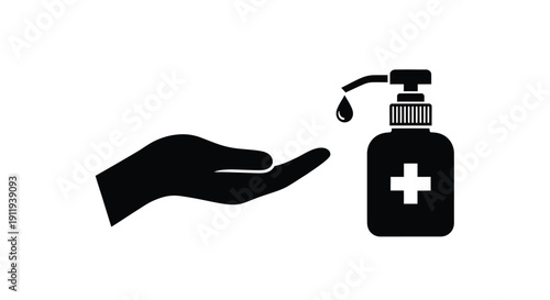 Simple black and white icon illustrating a hand receiving antiseptic gel from a dispenser bottle