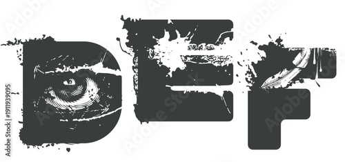 A vector font for word-images with human eyes, streaks, and scratches. Letters D, E, and F. The theme is horror, grunge, and urban. It creates a sense of madness, post-apocalypse, and underground. Sui