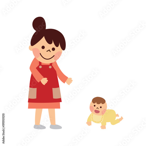 母親に向かってハイハイする赤ちゃん