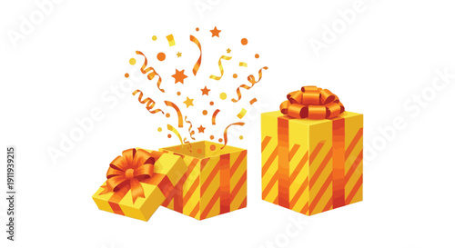 Two brightly colored yellow and orange striped gift boxes celebrating with bursting confetti and streamers