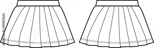 Technical fashion flat sketch of a women high waisted short pleated mini skirt with flared silhouette isolated on white background for apparel vector design