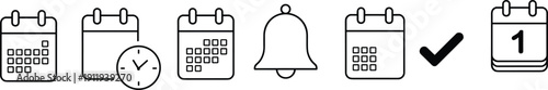 Calendar icons with dates, clock overlay, bell notification, checkmark confirmation, event planning, scheduling, reminders, time management, task tracking vector illustration