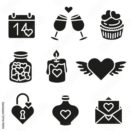 A collection of black-and-white silhouette icons on the theme of love and romantic holidays.