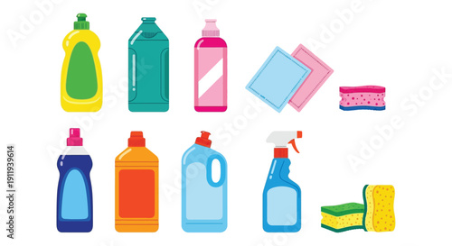 Assorted colorful cleaning product bottles cloths and sponges set 