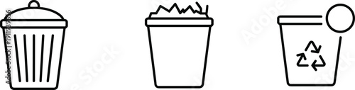 Waste bin icons vector illustration, trash can, paper waste, recycling symbol, garbage disposal, environmental awareness, waste segregation, eco-friendly design, sustainability concept