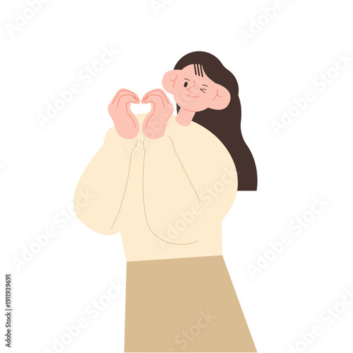 Female Character Making Heart Sign with Hands Flat Illustration