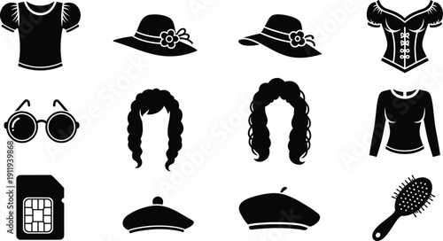 Vintage women fashion silhouette icon set featuring clothing accessories hairstyles hats and beauty items isolated on white background for retro style design projects