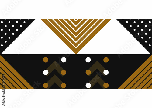 Geometric pattern with black gold and white triangles stripes and dots in a modern style.