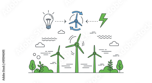 Concept illustration showing wind turbines converting natural wind energy into usable electrical power resources
