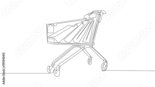 Trolley shopping cart in continuous one line drawing. Single line art illustration of a shopping cart.